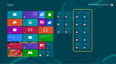 Office 2013 - Icons der Office Anwendungen und der Anwaltssoftware LawFirm in der Metro Start-Oberflche von Windows 8